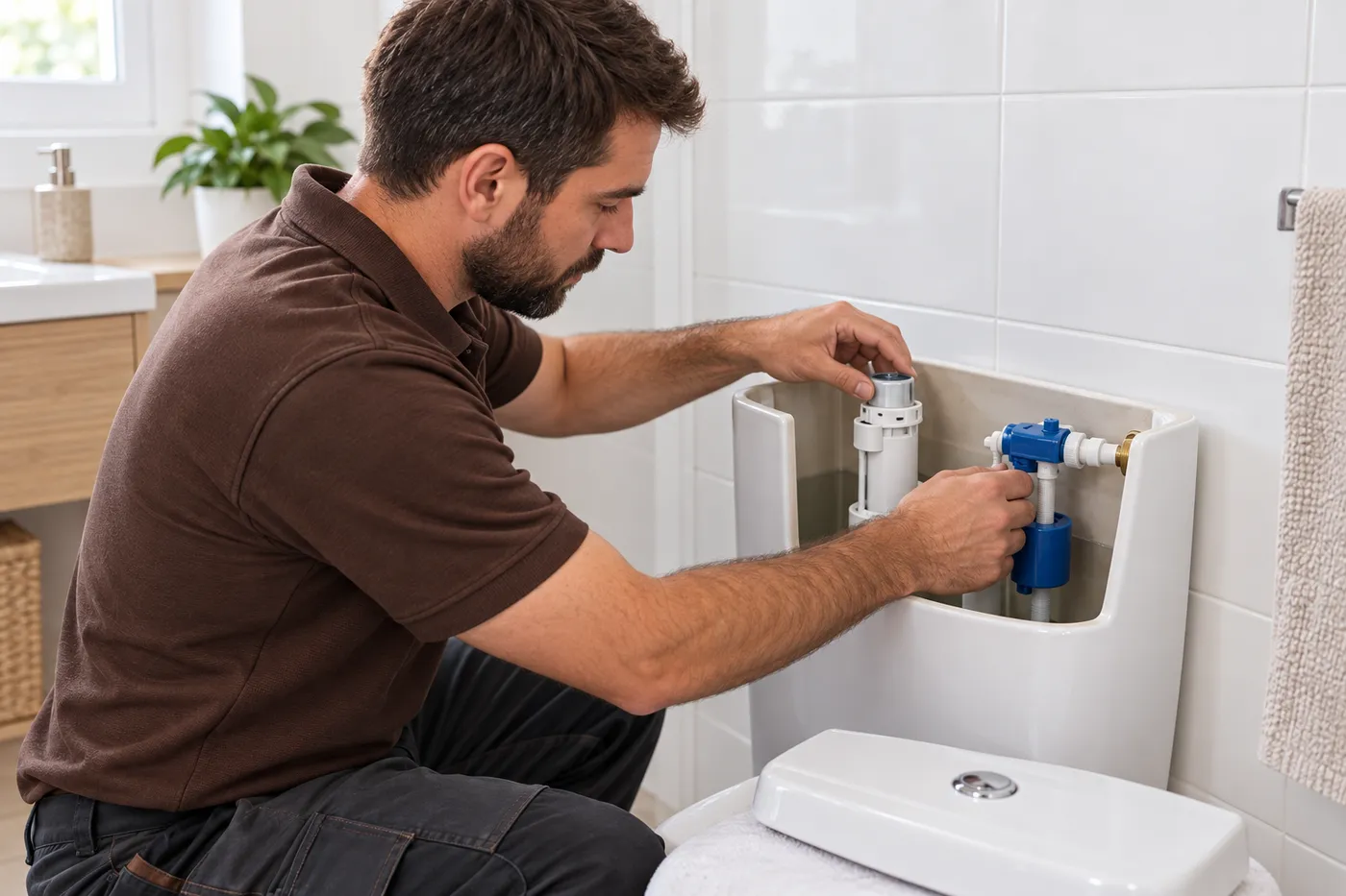 Plombier réglant le mécanisme de chasse et le robinet flotteur d'un réservoir de WC