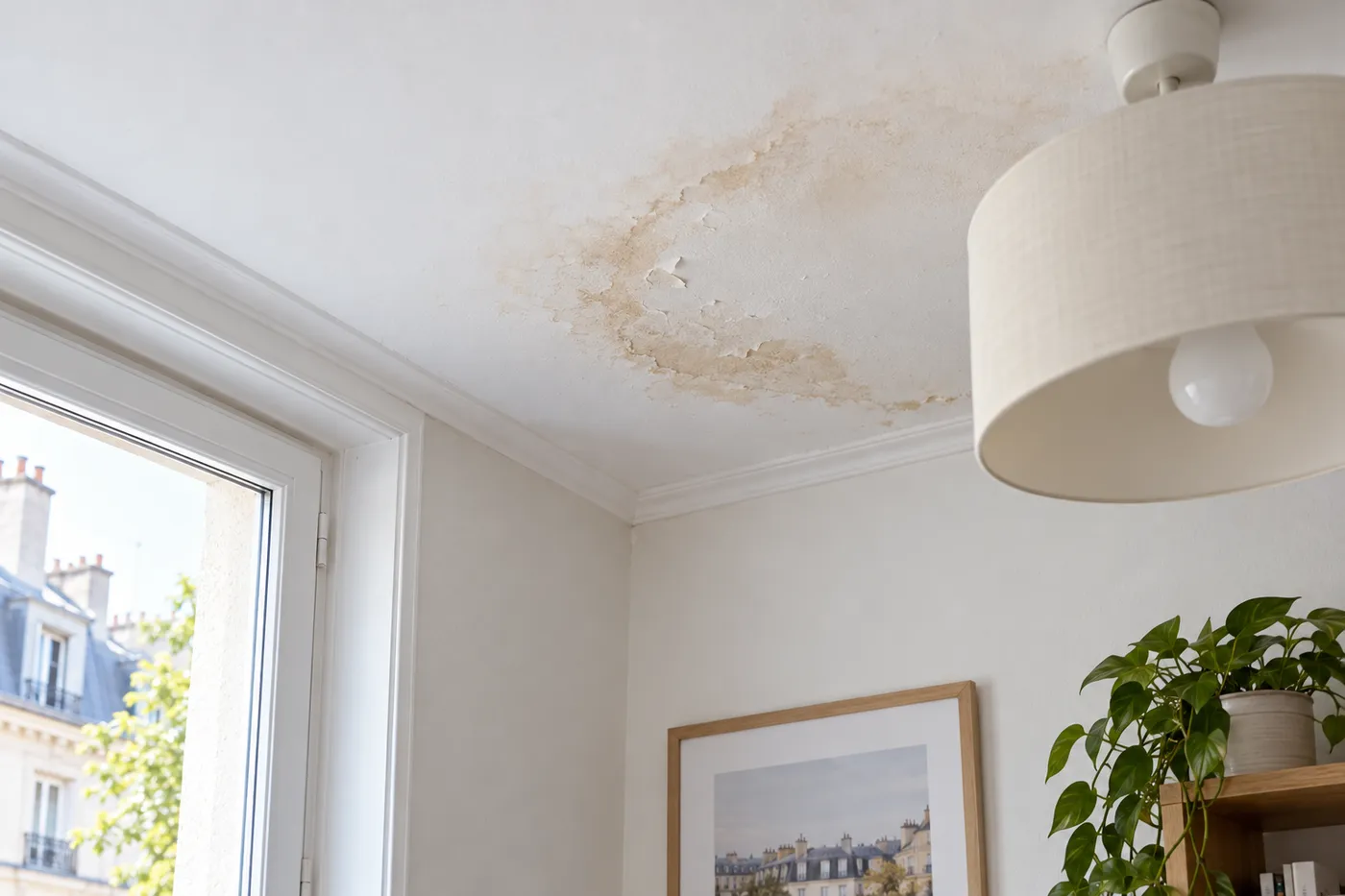 Auréole d'humidité au plafond d'un appartement, signe d'une fuite cachée